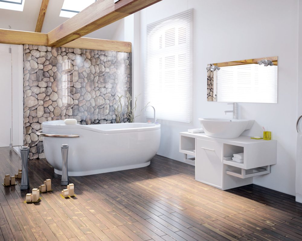 Salle de bains zen avec baignoire îlot et murs en galets
